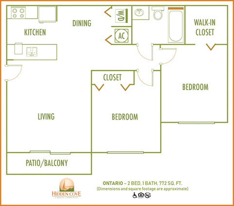 Floor plan for 2 beds, 1 bath, 772 sqft